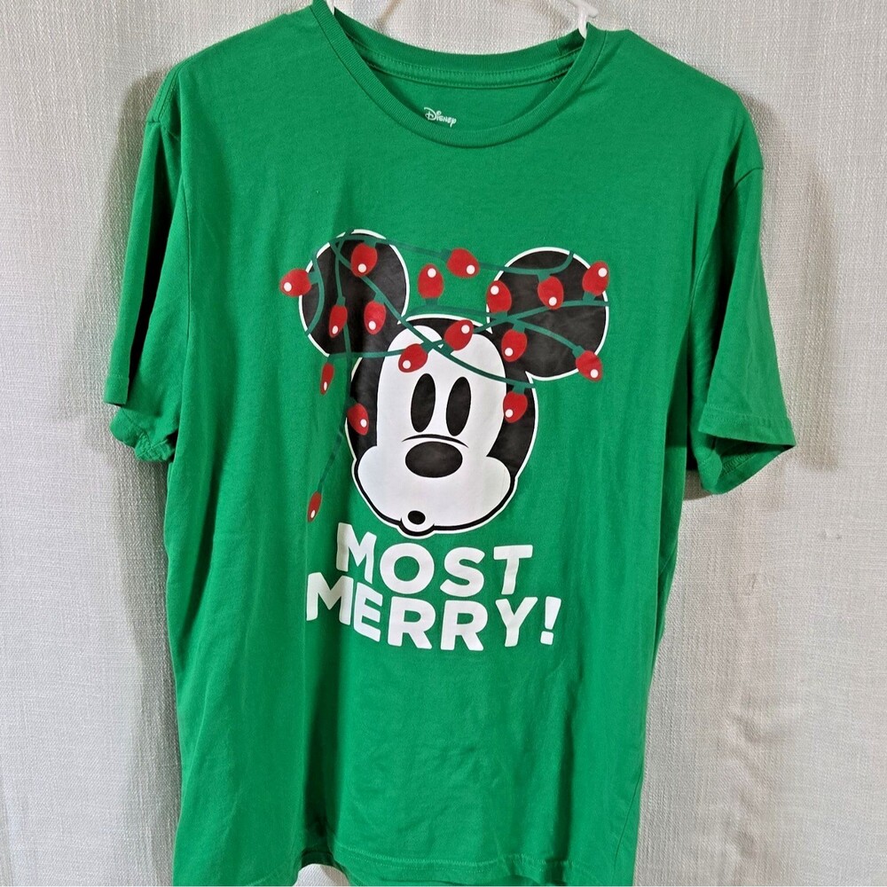 Disney Men's Green Mickey Mouse Holiday Graphic T-Shirt L Crew Neck Short Sleeve